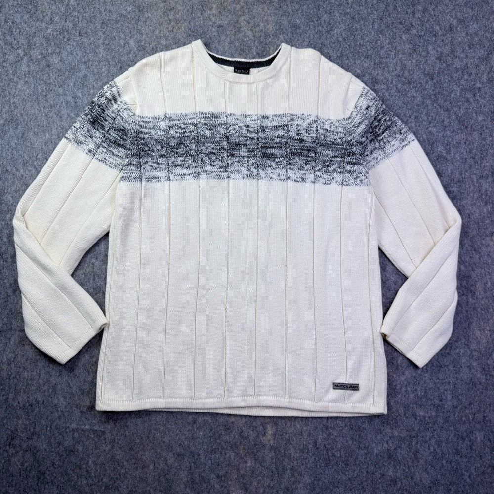 Nautica Jeans Co Sweater Mens XL White Grey Stripe Cotton Crewneck Knit Pullover